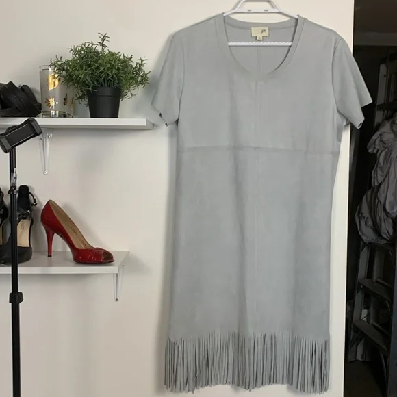 Joh Dove Grey Stretch Faux Suede Dress w Fringe - Picture 5 of 8